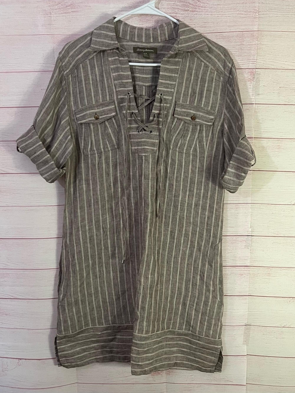 Tommy Bahama 100% Linen Two Palms Striped Lace Up Shirt Pocket Dress‎ Size Small